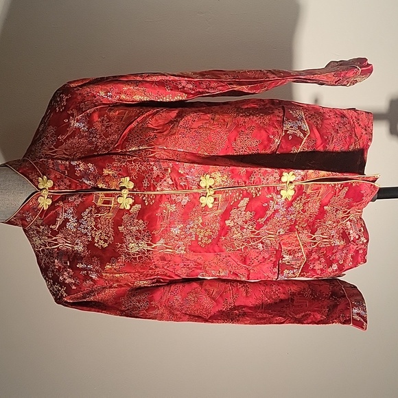 Vintage Peony Brand Red Rayon Mandarin Jacket, Size: L - Picture 1 of 6